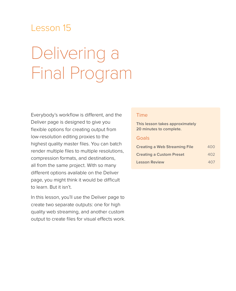 Delivering a final program, Lesson 15 | Blackmagic Design DaVinci Resolve Studio (Dongle) User Manual | Page 414 / 444