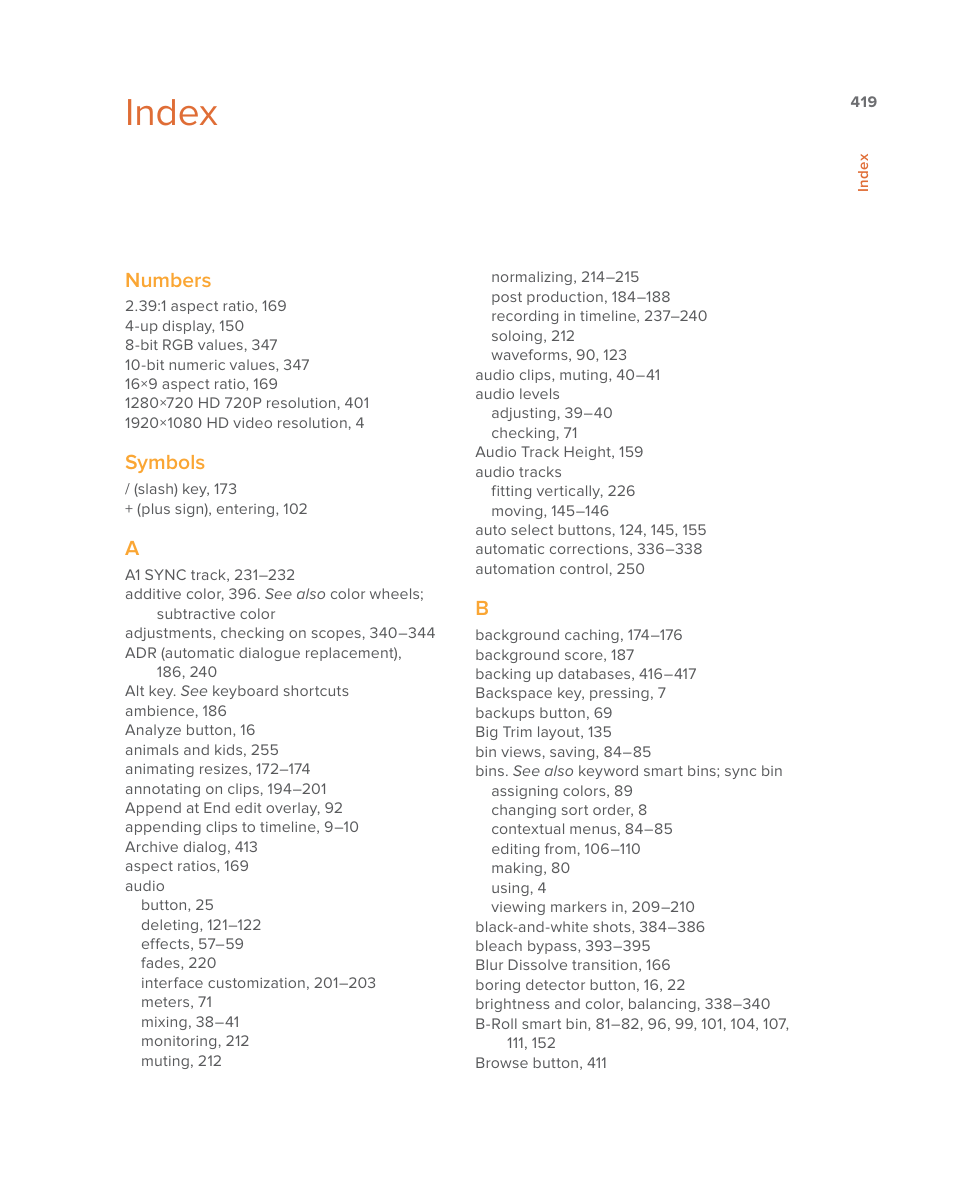Index, Numbers, Symbols | Blackmagic Design DaVinci Resolve Studio (Dongle) User Manual | Page 434 / 444