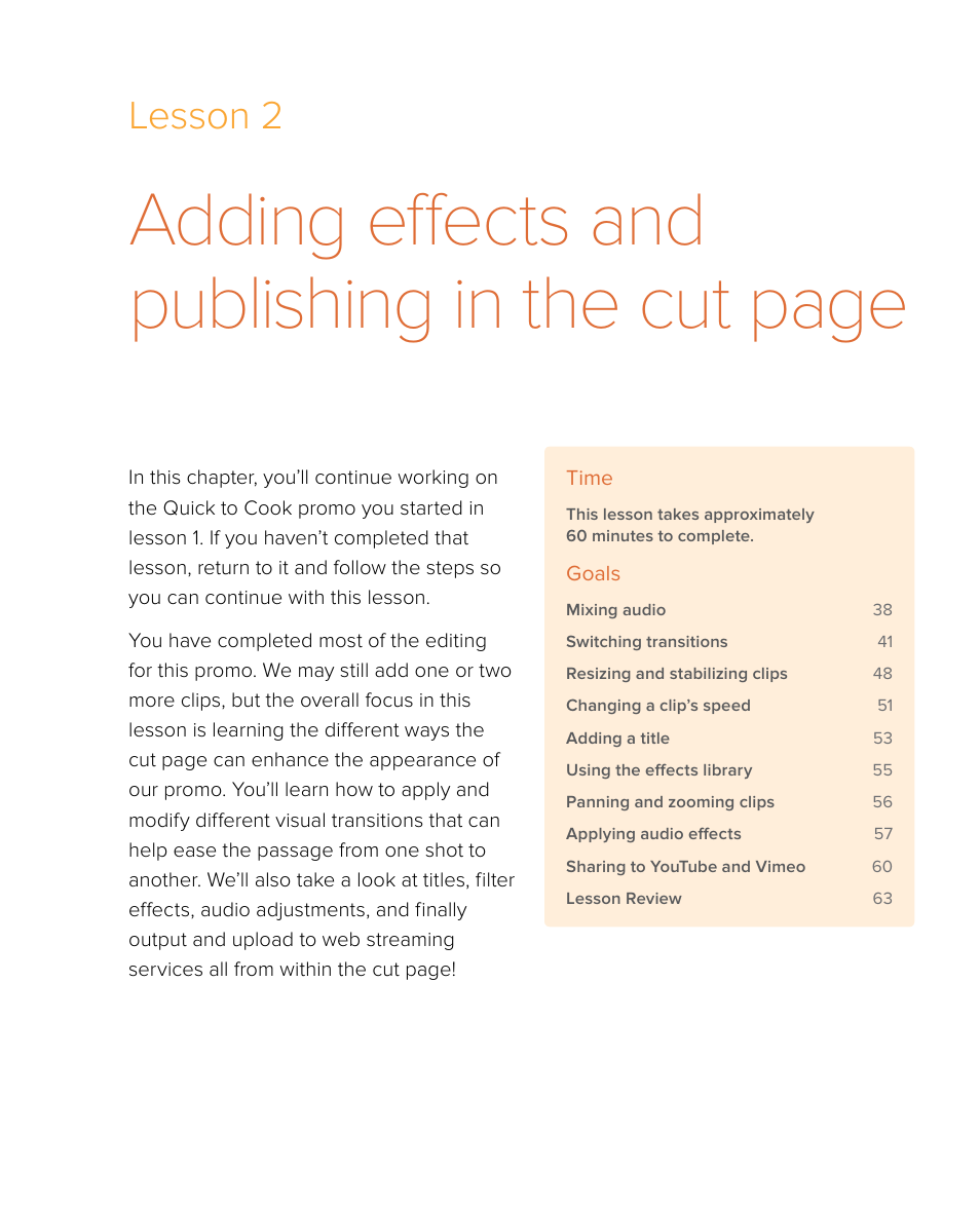 Adding effects and publishing in the cut page, Lesson 2 | Blackmagic Design DaVinci Resolve Studio (Dongle) User Manual | Page 52 / 444