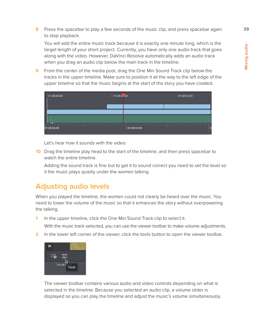 Adjusting audio levels | Blackmagic Design DaVinci Resolve Studio (Dongle) User Manual | Page 54 / 444