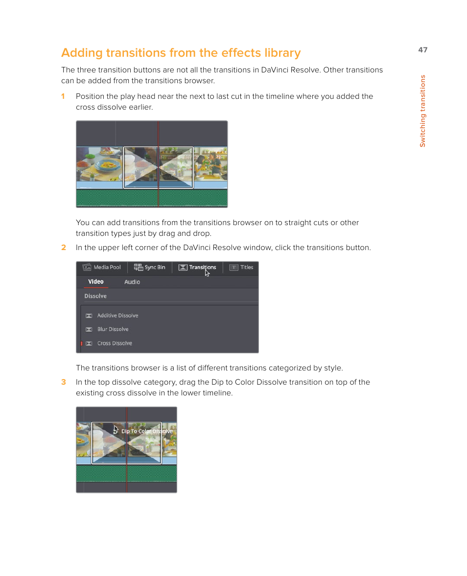 Adding transitions from the effects library | Blackmagic Design DaVinci Resolve Studio (Dongle) User Manual | Page 62 / 444