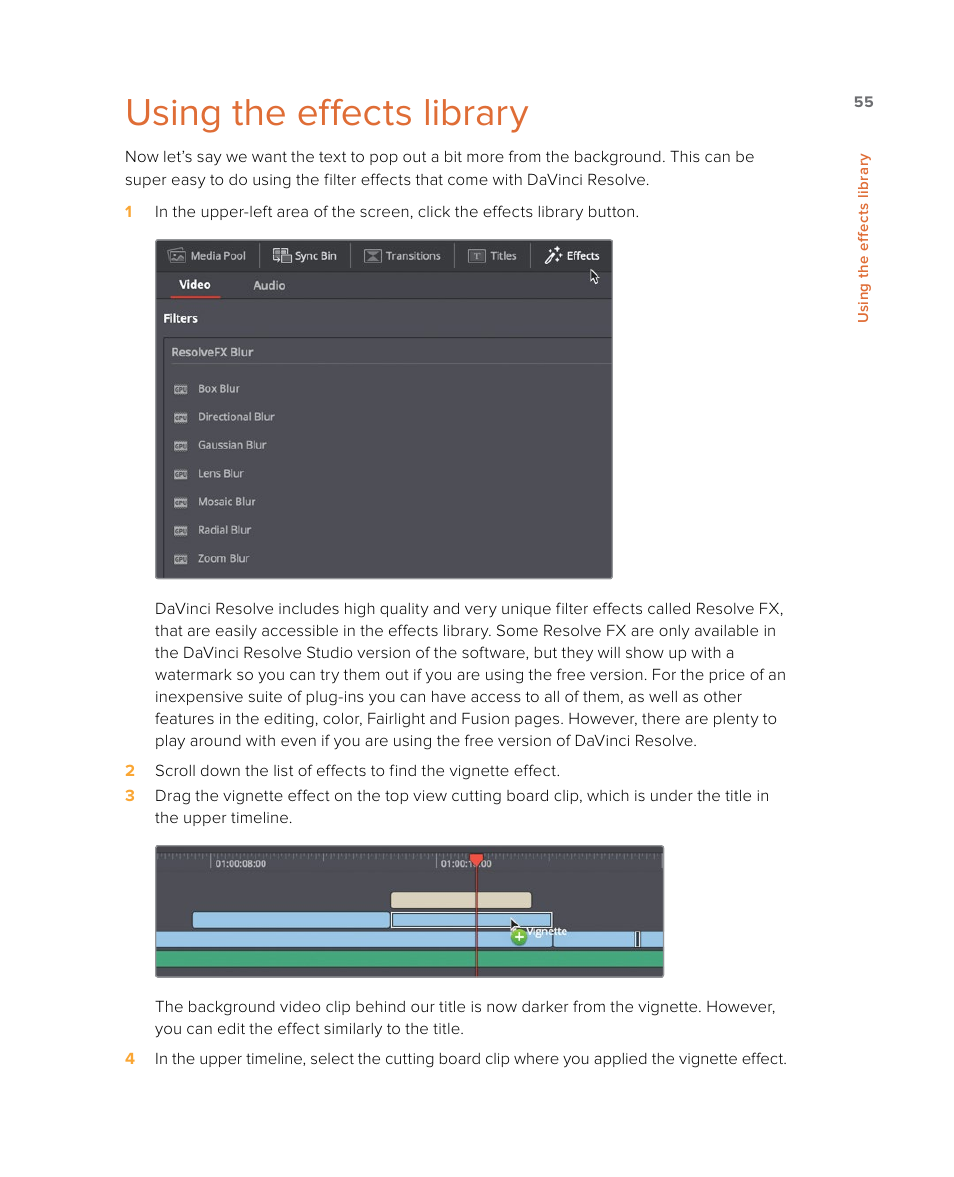 Using the effects library | Blackmagic Design DaVinci Resolve Studio (Dongle) User Manual | Page 70 / 444