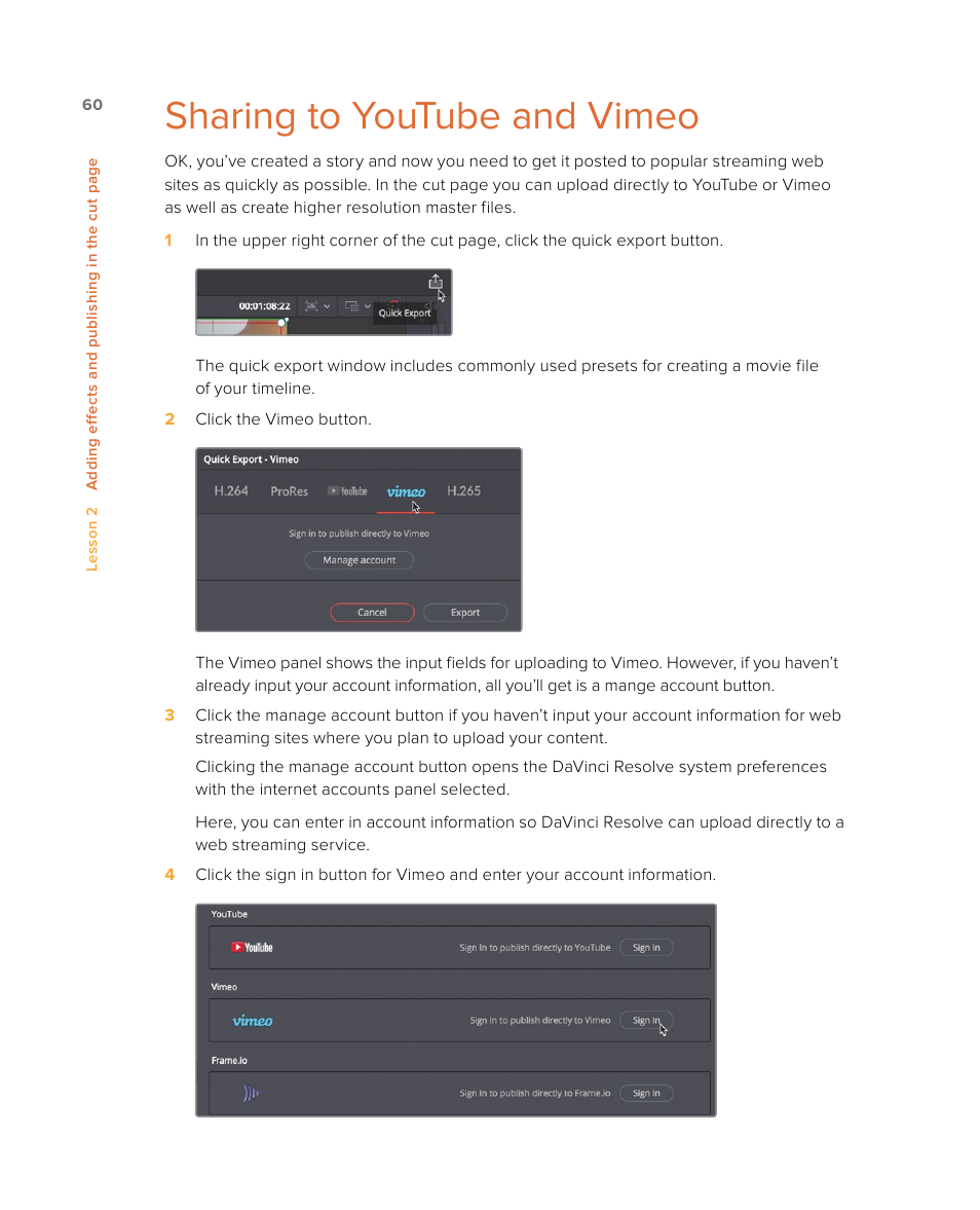 Sharing to youtube and vimeo | Blackmagic Design DaVinci Resolve Studio (Dongle) User Manual | Page 75 / 444