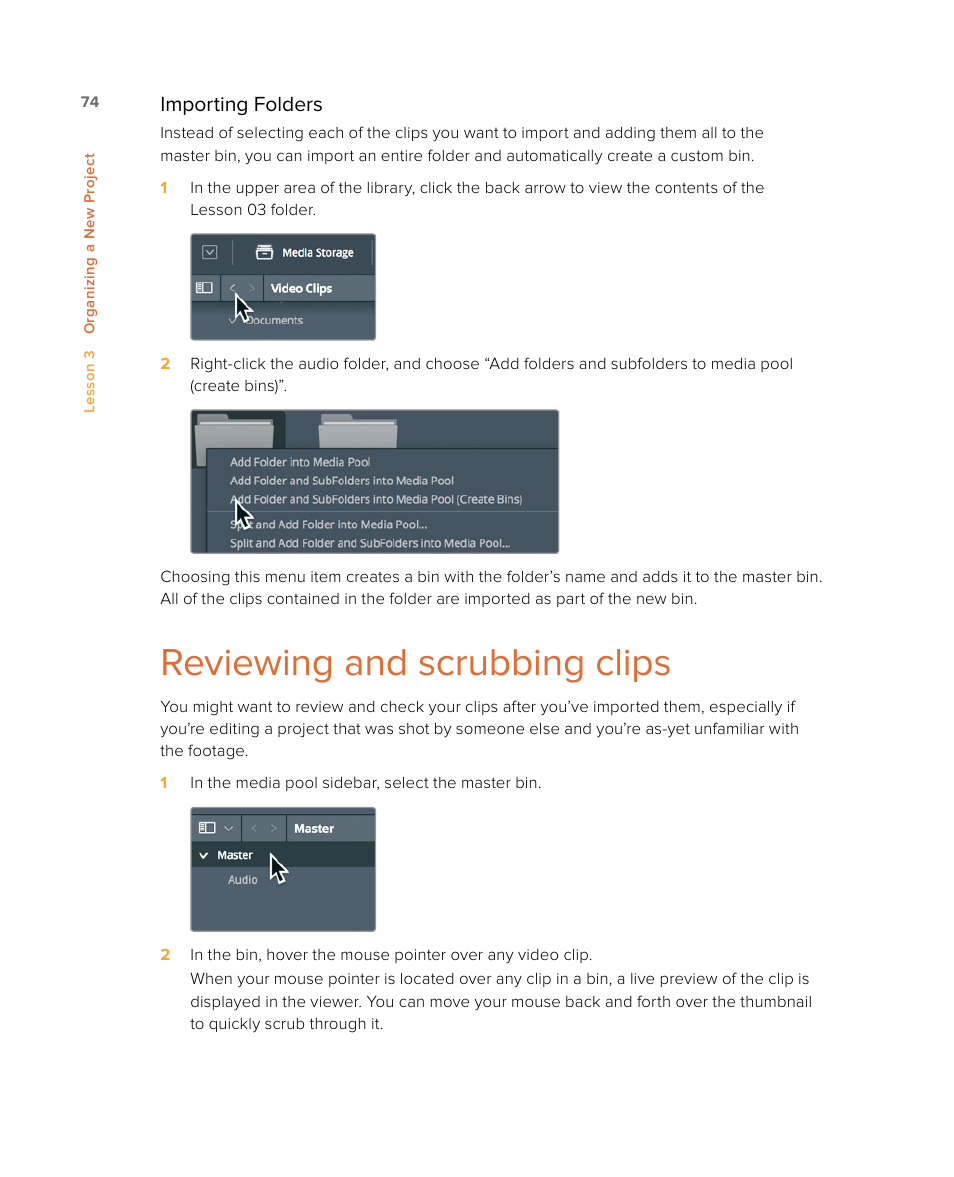 Reviewing and scrubbing clips, Importing folders | Blackmagic Design DaVinci Resolve Studio (Dongle) User Manual | Page 89 / 444