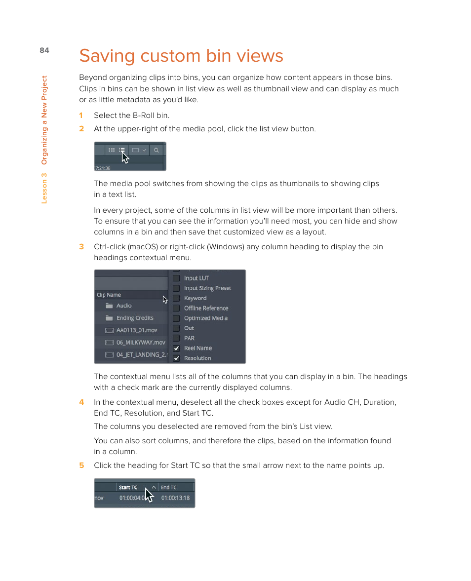 Saving custom bin views | Blackmagic Design DaVinci Resolve Studio (Dongle) User Manual | Page 99 / 444