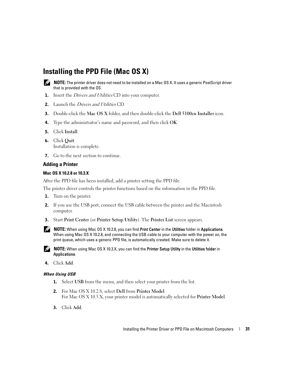 Installing the ppd file (mac os x), Adding a printer | Dell 5100cn User Manual | Page 31 / 98