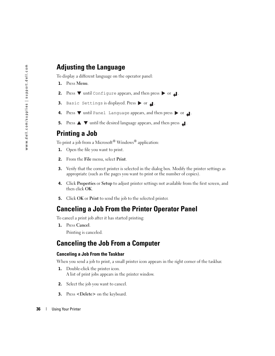 Adjusting the language, Printing a job, Canceling a job from the printer operator panel | Canceling the job from a computer, Canceling a job from the taskbar | Dell 5100cn User Manual | Page 36 / 98