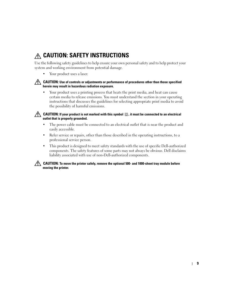 Caution: safety instructions | Dell 5100cn User Manual | Page 9 / 98