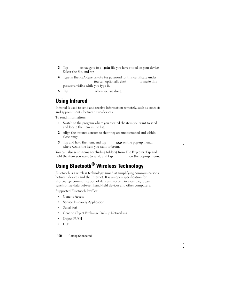 Using infrared, Using bluetooth, Wireless technology | Dell X51 User Manual | Page 100 / 142