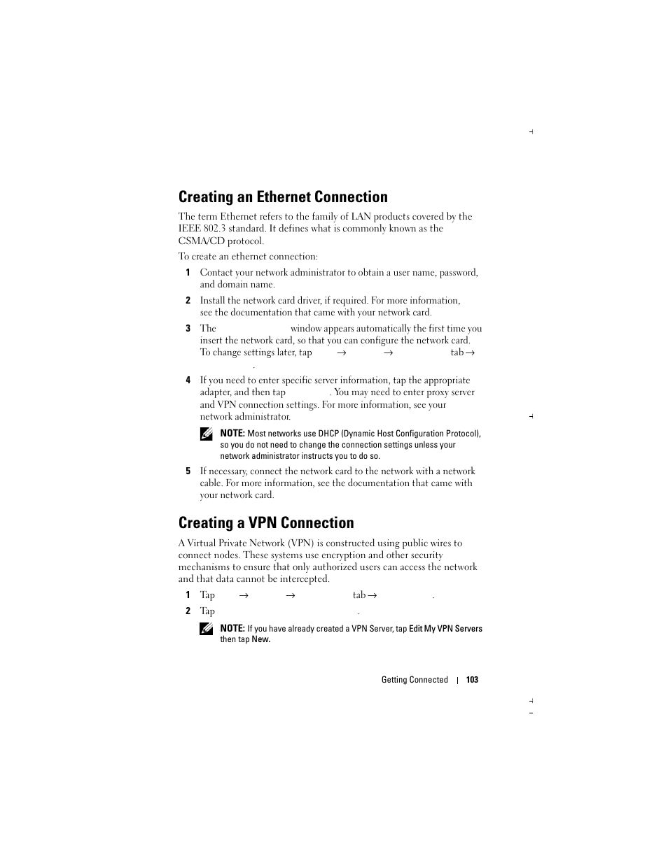 Creating an ethernet connection, Creating a vpn connection | Dell X51 User Manual | Page 103 / 142