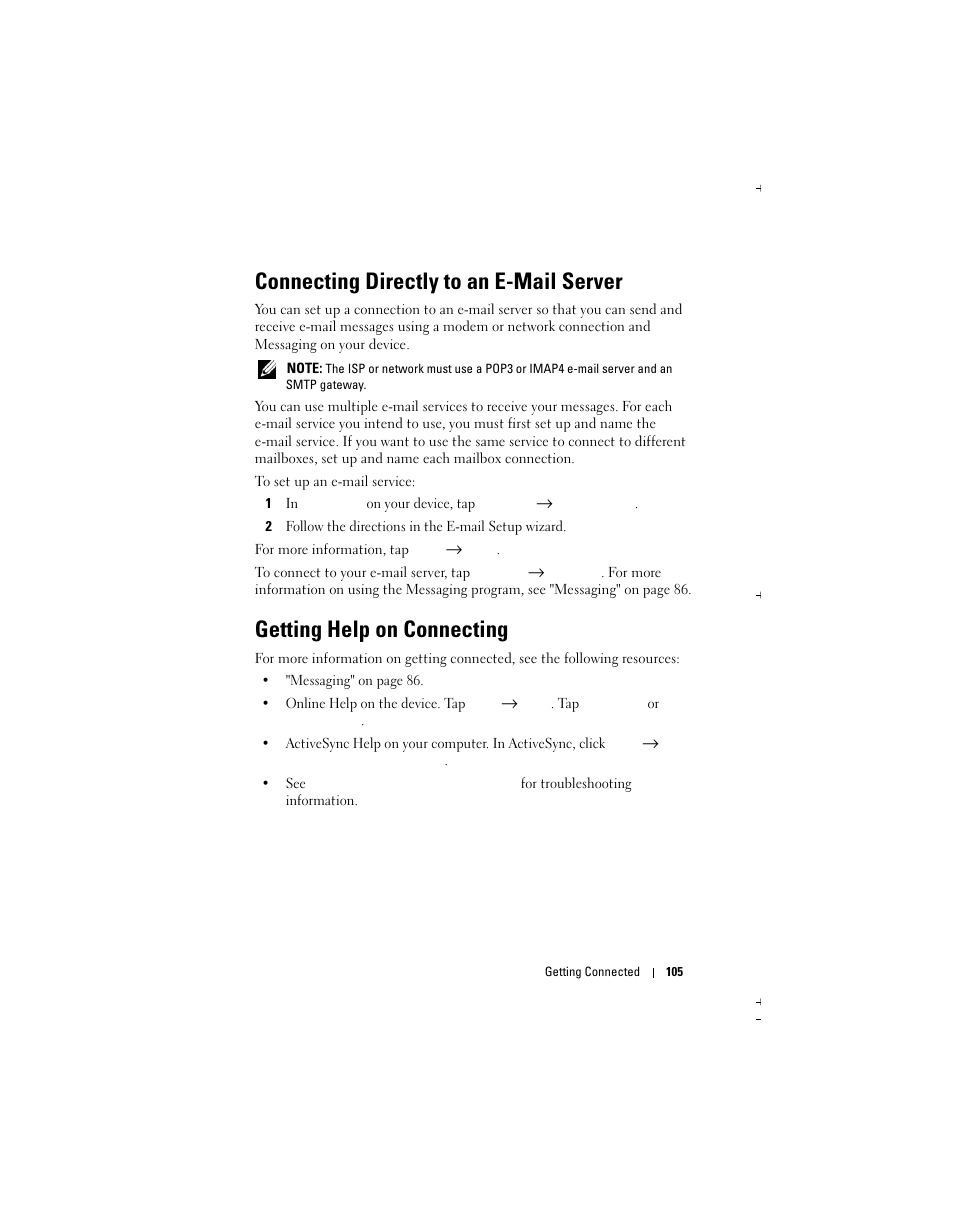 Connecting directly to an e-mail server, Getting help on connecting | Dell X51 User Manual | Page 105 / 142