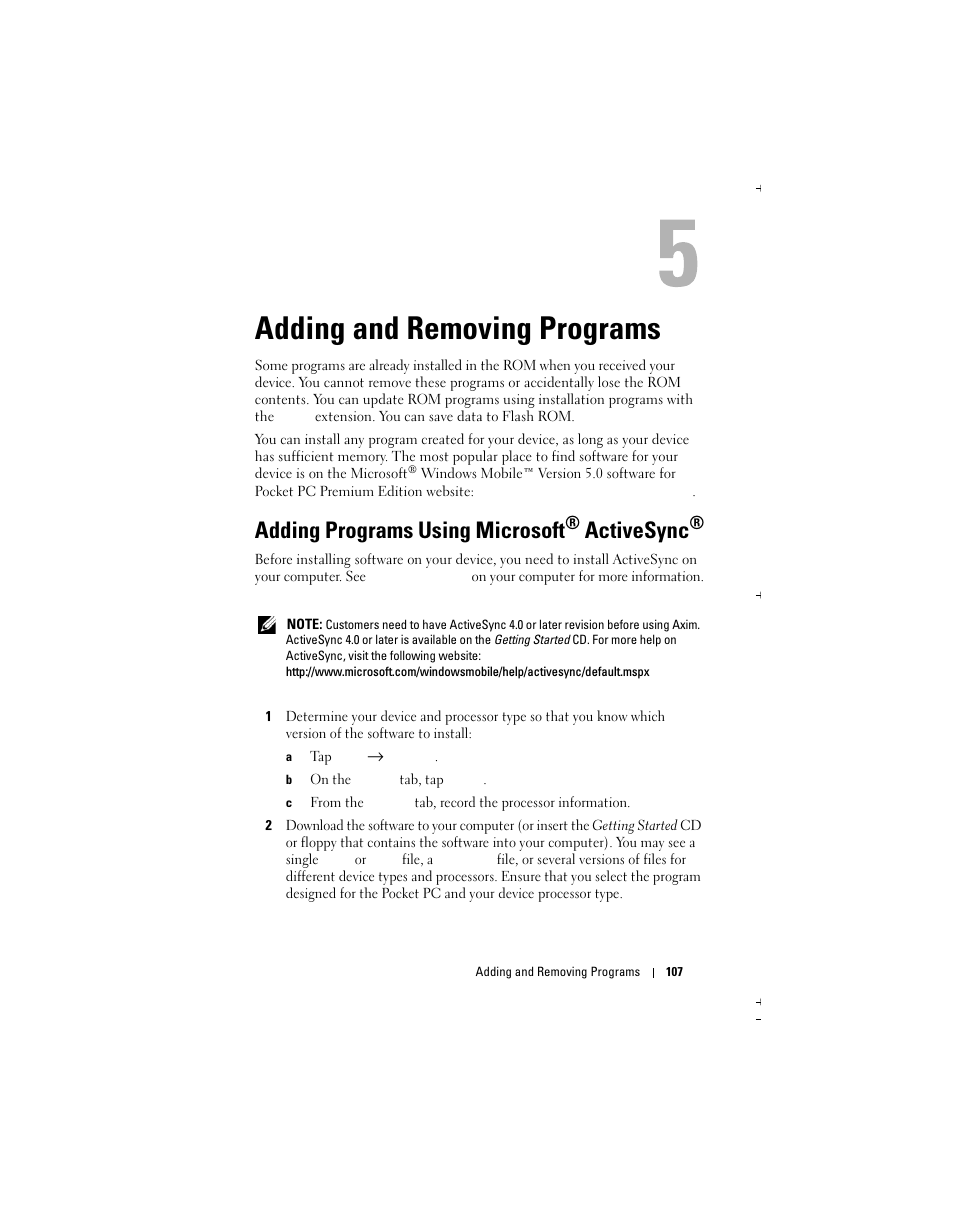 Adding and removing programs, Adding programs using microsoft, Activesync | Dell X51 User Manual | Page 107 / 142