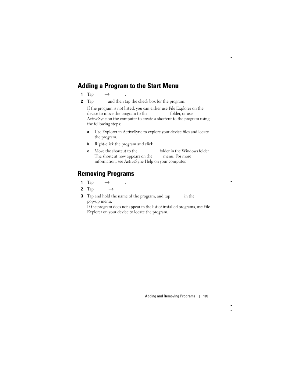Adding a program to the start menu, Removing programs | Dell X51 User Manual | Page 109 / 142