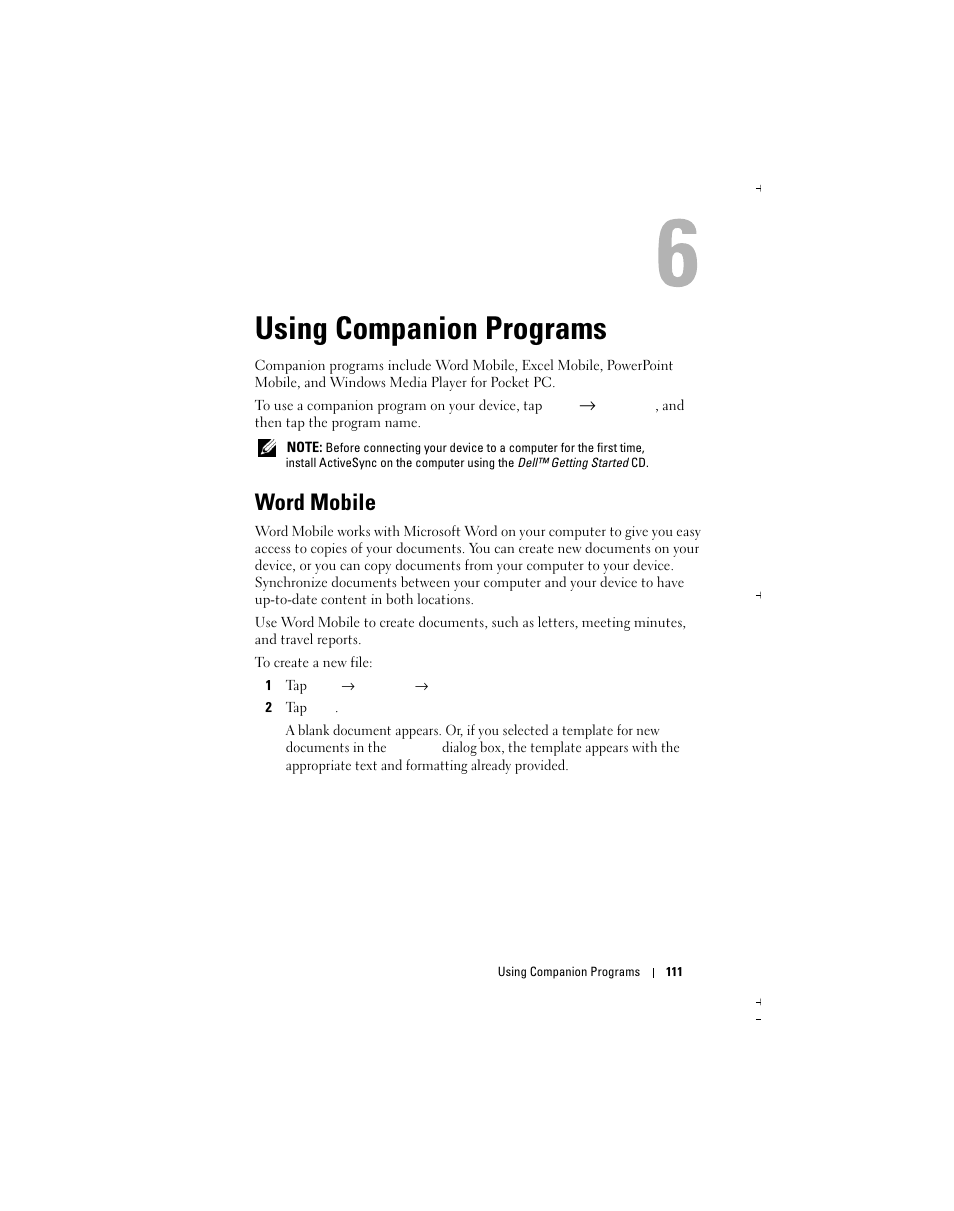 Using companion programs, Word mobile | Dell X51 User Manual | Page 111 / 142