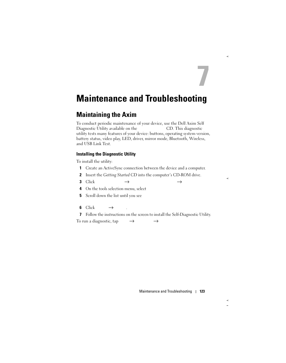 Maintenance and troubleshooting, Maintaining the axim | Dell X51 User Manual | Page 123 / 142