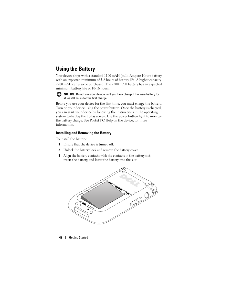 Using the battery | Dell X51 User Manual | Page 42 / 142