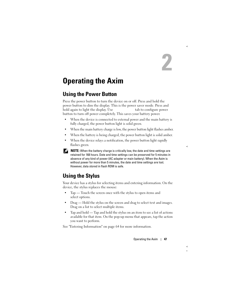 Operating the axim, Using the power button, Using the stylus | Dell X51 User Manual | Page 47 / 142