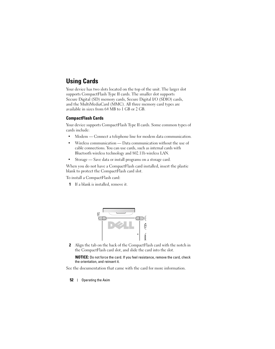 Using cards | Dell X51 User Manual | Page 52 / 142