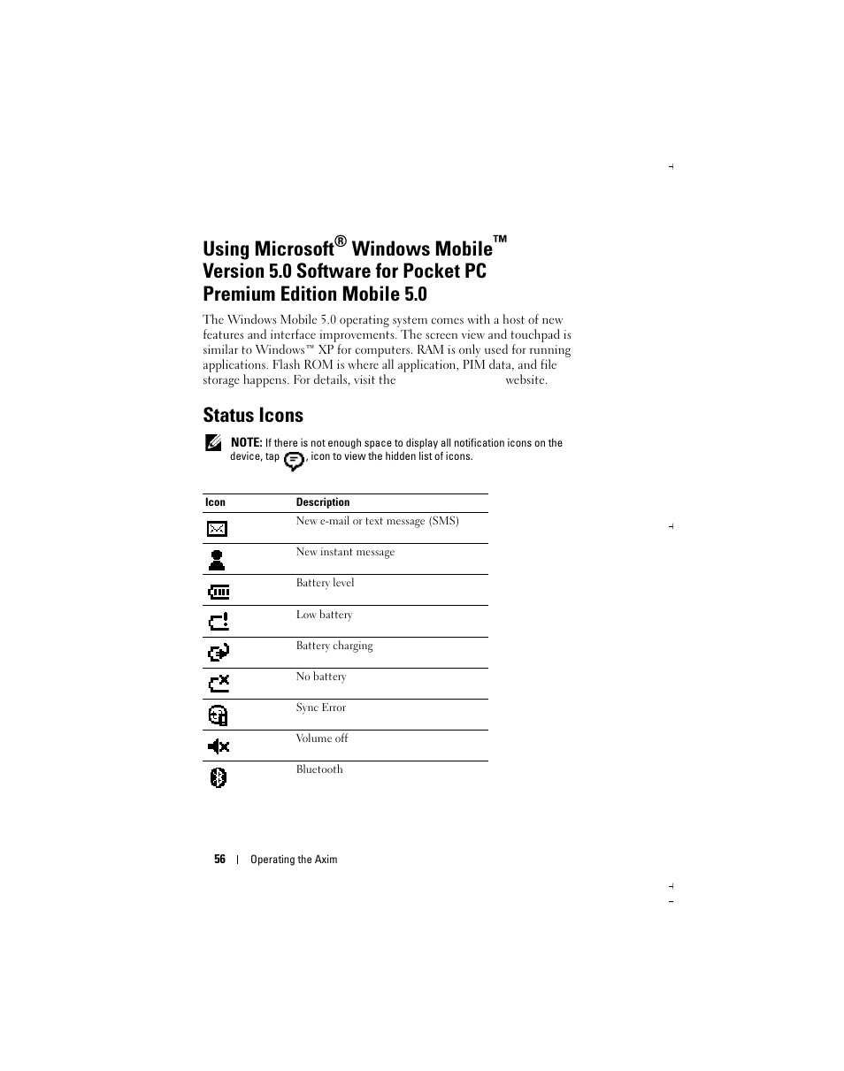 Using microsoft, Windows mobile, Status icons | Dell X51 User Manual | Page 56 / 142