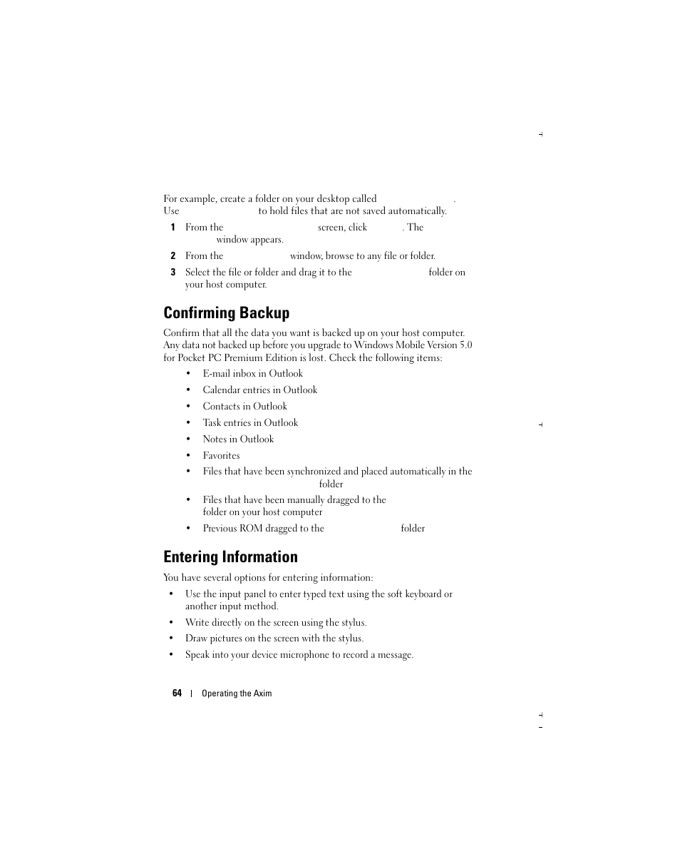 Confirming backup, Entering information | Dell X51 User Manual | Page 64 / 142