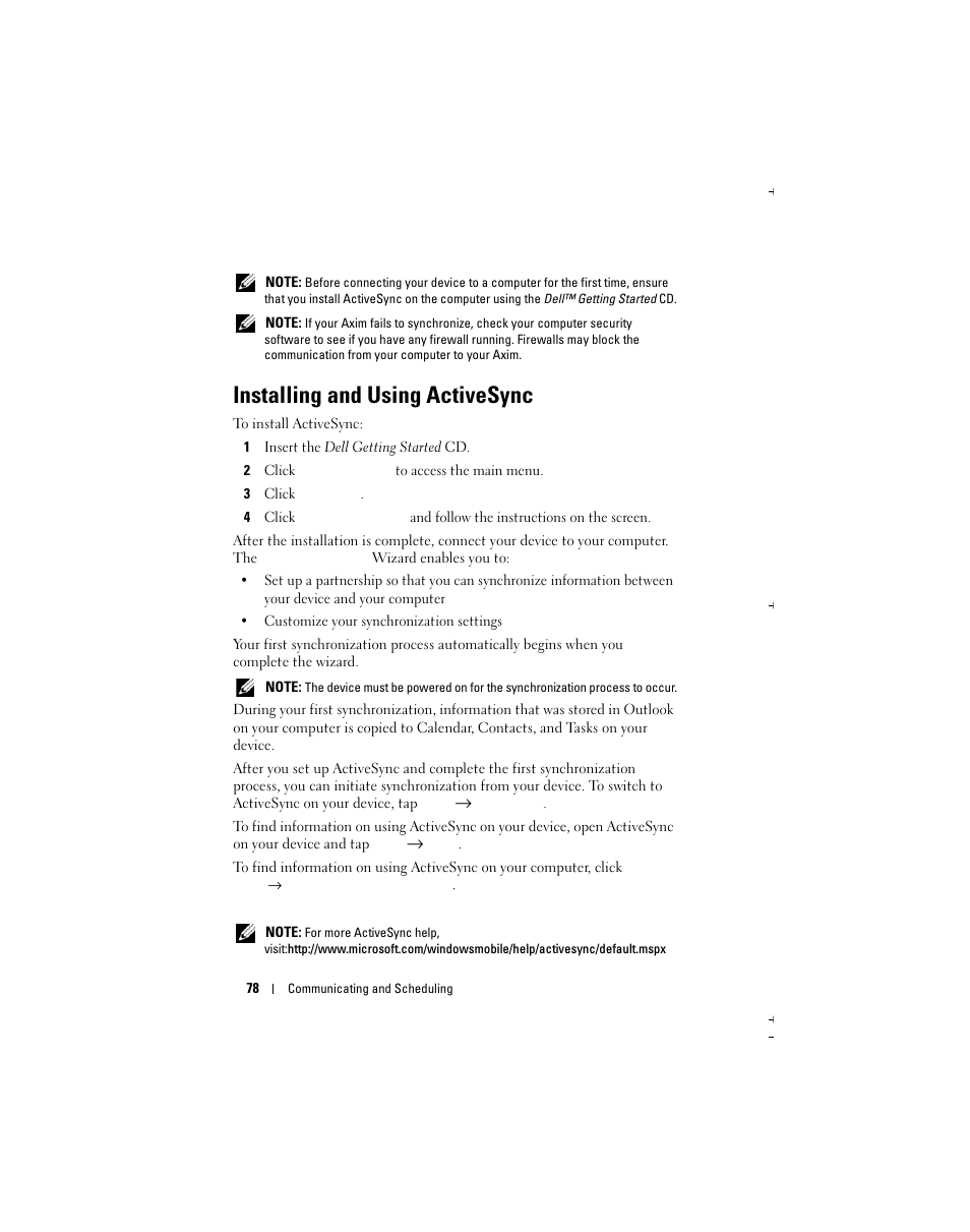 Installing and using activesync | Dell X51 User Manual | Page 78 / 142