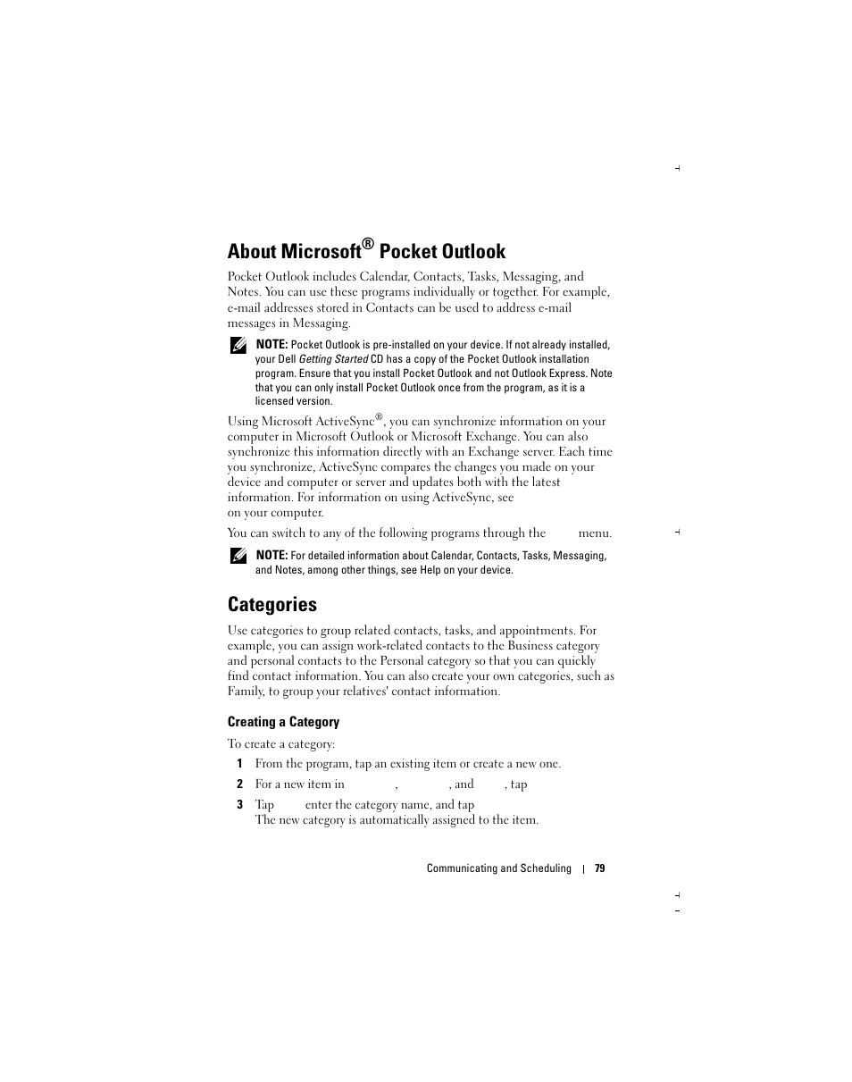 About microsoft, Pocket outlook, Categories | Dell X51 User Manual | Page 79 / 142