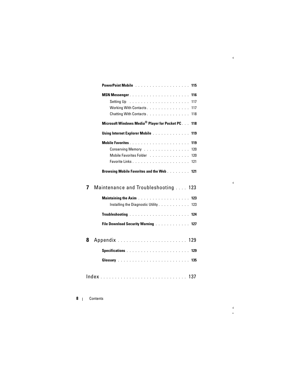 7 maintenance and troubleshooting, 8 appendix, Index | Dell X51 User Manual | Page 8 / 142