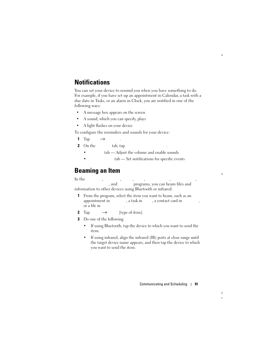 Notifications, Beaming an item | Dell X51 User Manual | Page 91 / 142