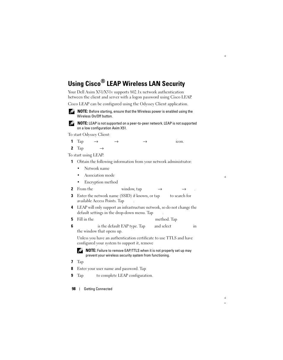 Using cisco, Leap wireless lan security | Dell X51 User Manual | Page 98 / 142