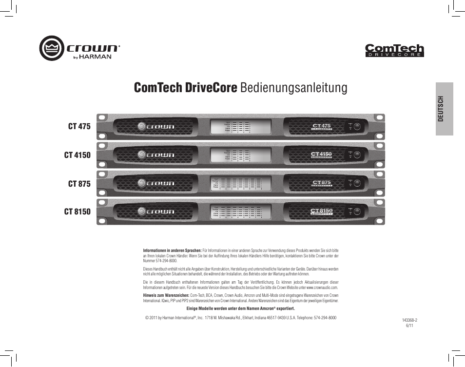 Comtech drivecore bedienungsanleitung | Crown Audio CT875 8-Channel Rackmount Power Amplifier (75W/Channel @ 8 Ohms) User Manual | Page 15 / 64