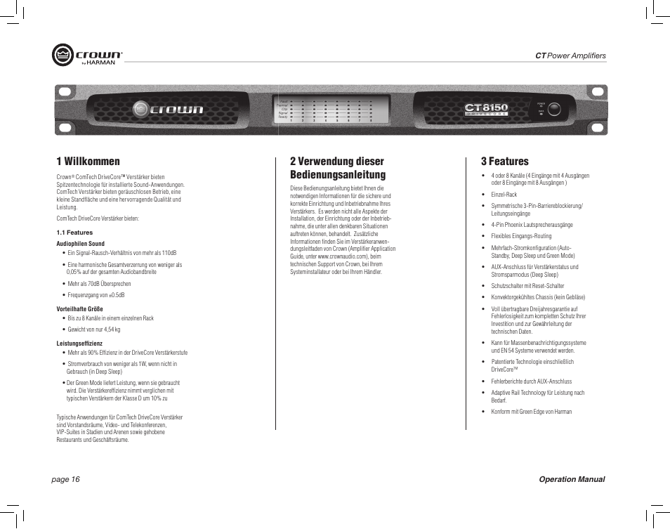 1 willkommen, 2 verwendung dieser bedienungsanleitung, 3 features | Crown Audio CT875 8-Channel Rackmount Power Amplifier (75W/Channel @ 8 Ohms) User Manual | Page 16 / 64