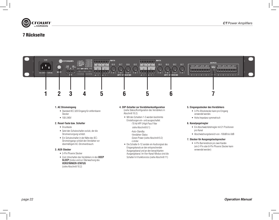 7 rückseite | Crown Audio CT875 8-Channel Rackmount Power Amplifier (75W/Channel @ 8 Ohms) User Manual | Page 22 / 64