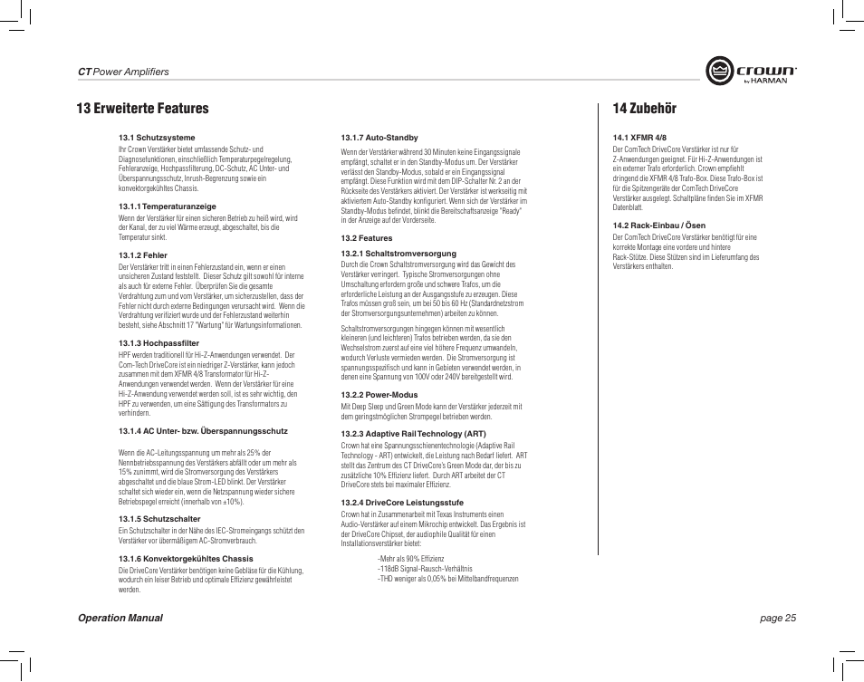 13 erweiterte features, 14 zubehör | Crown Audio CT875 8-Channel Rackmount Power Amplifier (75W/Channel @ 8 Ohms) User Manual | Page 25 / 64