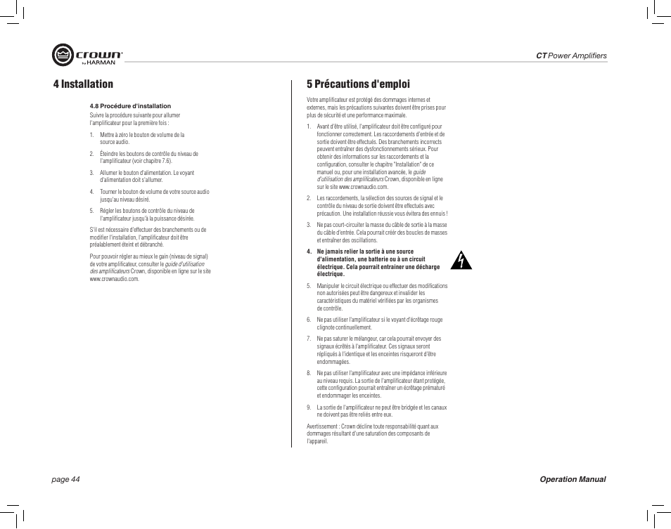 4 installation 5 précautions d'emploi | Crown Audio CT875 8-Channel Rackmount Power Amplifier (75W/Channel @ 8 Ohms) User Manual | Page 44 / 64