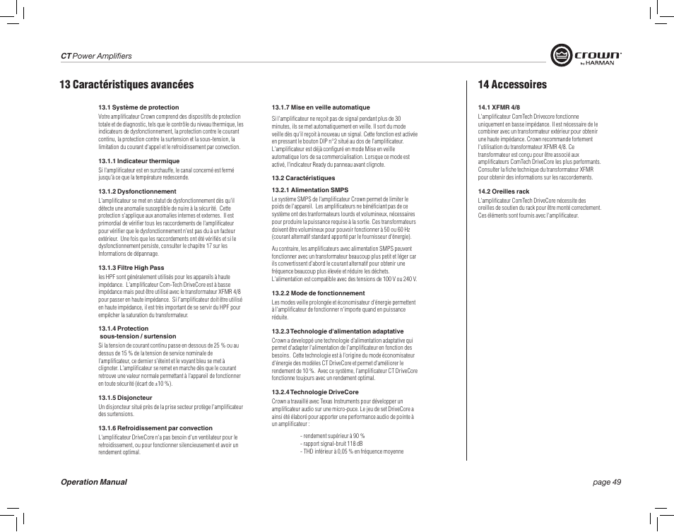 13 caractéristiques avancées, 14 accessoires | Crown Audio CT875 8-Channel Rackmount Power Amplifier (75W/Channel @ 8 Ohms) User Manual | Page 49 / 64