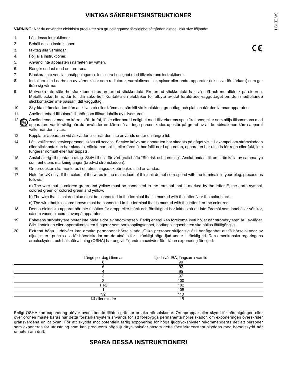 Spara dessa instruktioner, Viktiga säkerhetsinstruktioner | Peavey IPR2 2000 2-Channel Power Amplifier User Manual | Page 10 / 116
