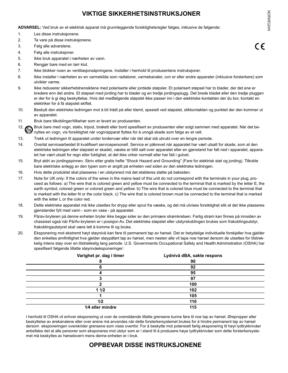 Viktige sikkerhetsinstruksjoner, Oppbevar disse instruksjonene | Peavey IPR2 2000 2-Channel Power Amplifier User Manual | Page 11 / 116