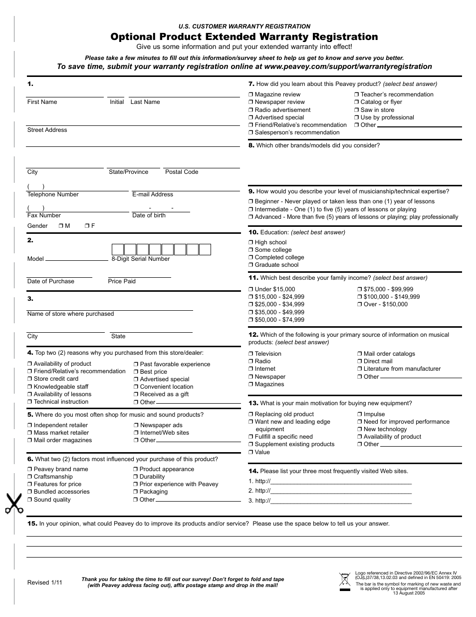 Optional product extended warranty registration | Peavey IPR2 2000 2-Channel Power Amplifier User Manual | Page 113 / 116