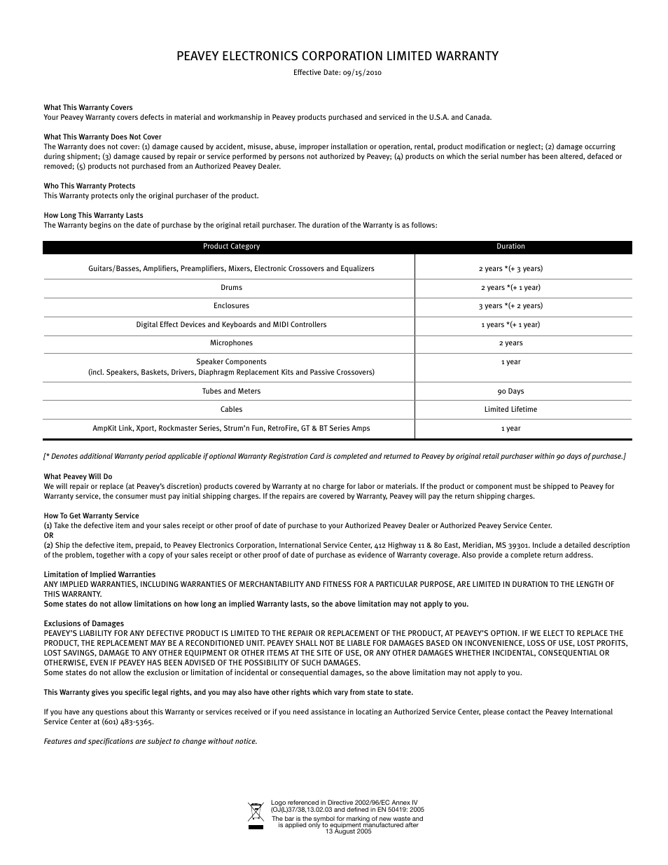 Peavey electronics corporation limited warranty | Peavey IPR2 2000 2-Channel Power Amplifier User Manual | Page 115 / 116