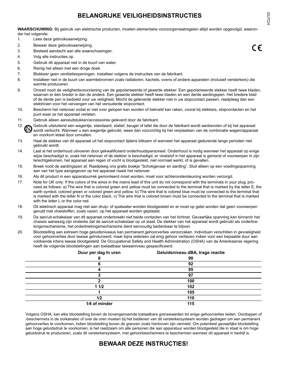 Belangrijke veiligheidsinstructies, Bewaar deze instructies | Peavey IPR2 2000 2-Channel Power Amplifier User Manual | Page 12 / 116