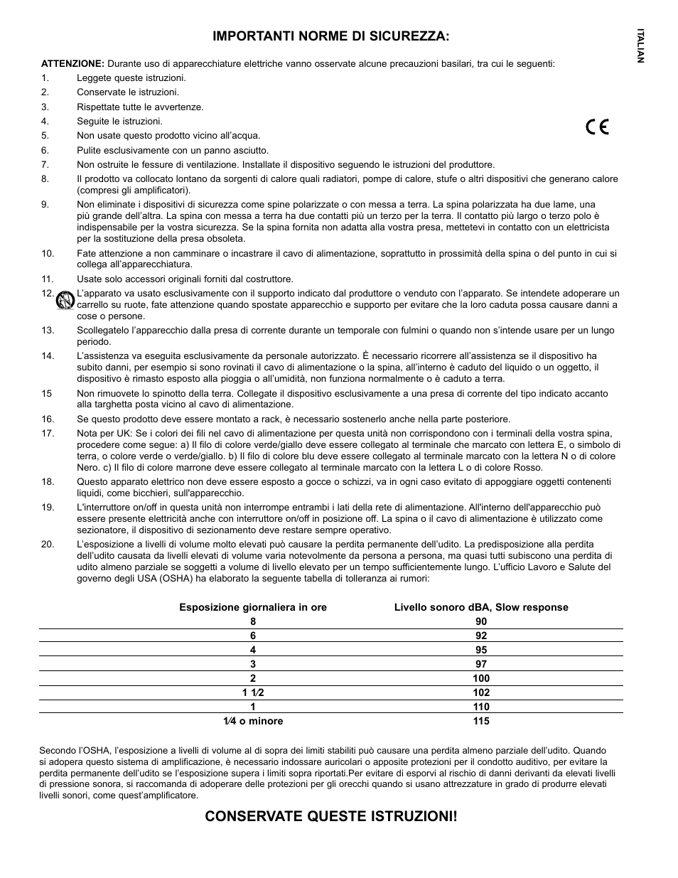 Conservate queste istruzioni, Importanti norme di sicurezza | Peavey IPR2 2000 2-Channel Power Amplifier User Manual | Page 13 / 116