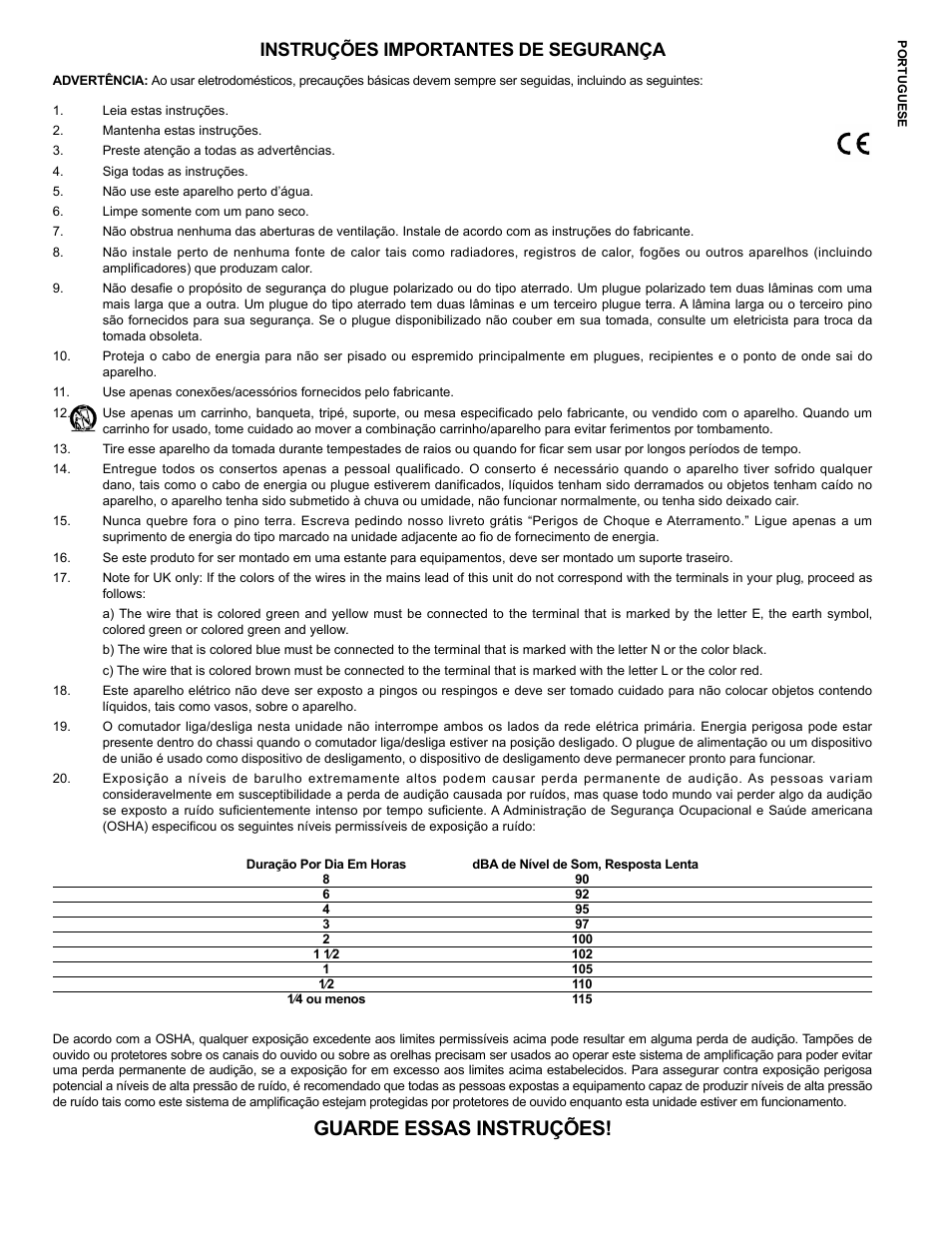 Guarde essas instruções, Instruções importantes de segurança | Peavey IPR2 2000 2-Channel Power Amplifier User Manual | Page 14 / 116