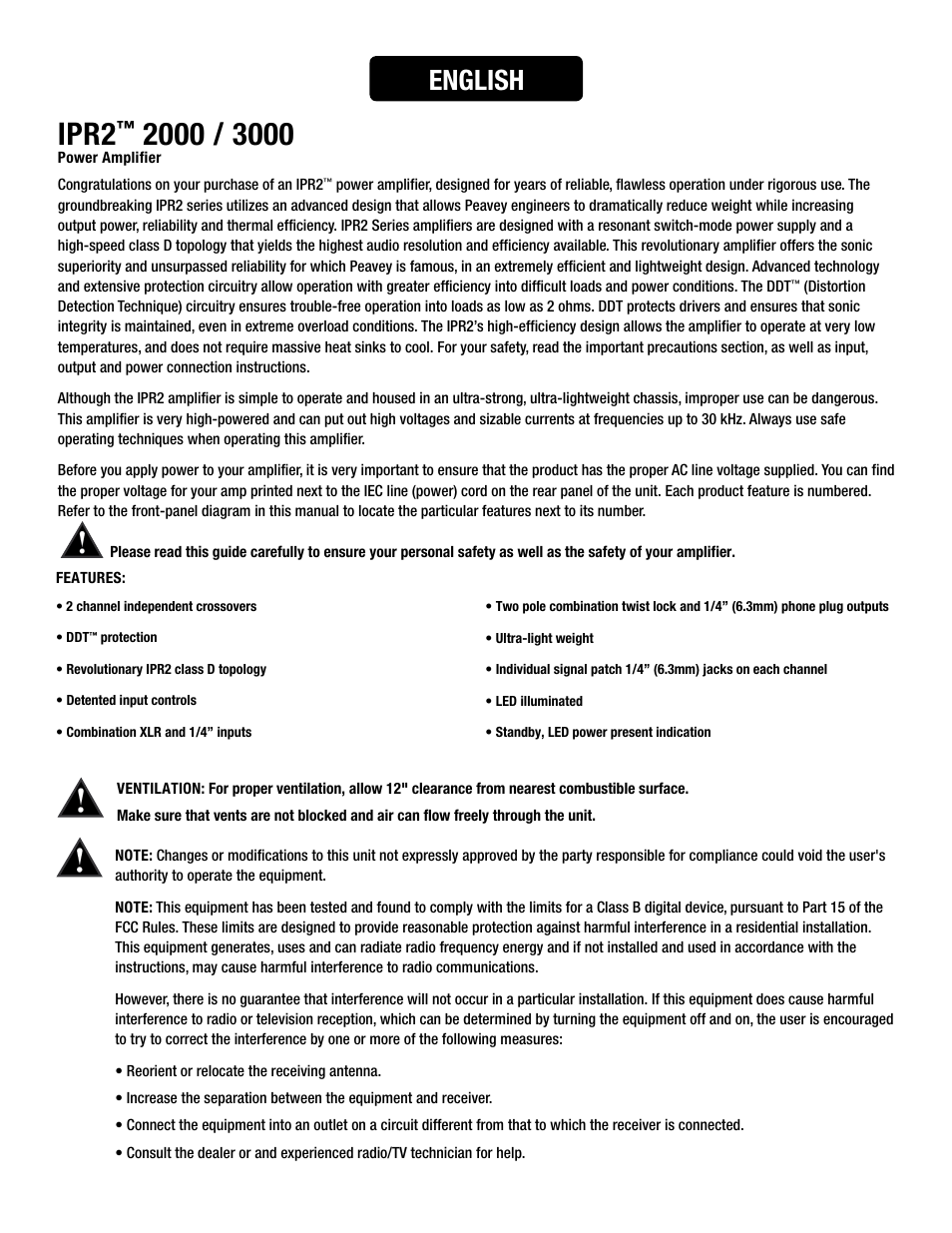 Ipr2, English | Peavey IPR2 2000 2-Channel Power Amplifier User Manual | Page 21 / 116