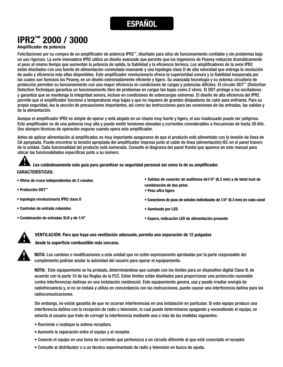 Ipr2, Español | Peavey IPR2 2000 2-Channel Power Amplifier User Manual | Page 33 / 116