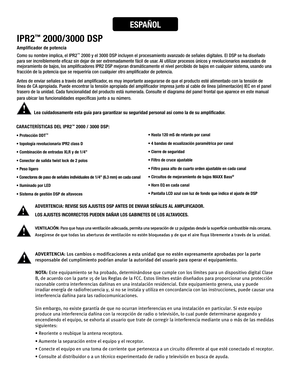 Ipr2, Español | Peavey IPR2 2000 2-Channel Power Amplifier User Manual | Page 36 / 116
