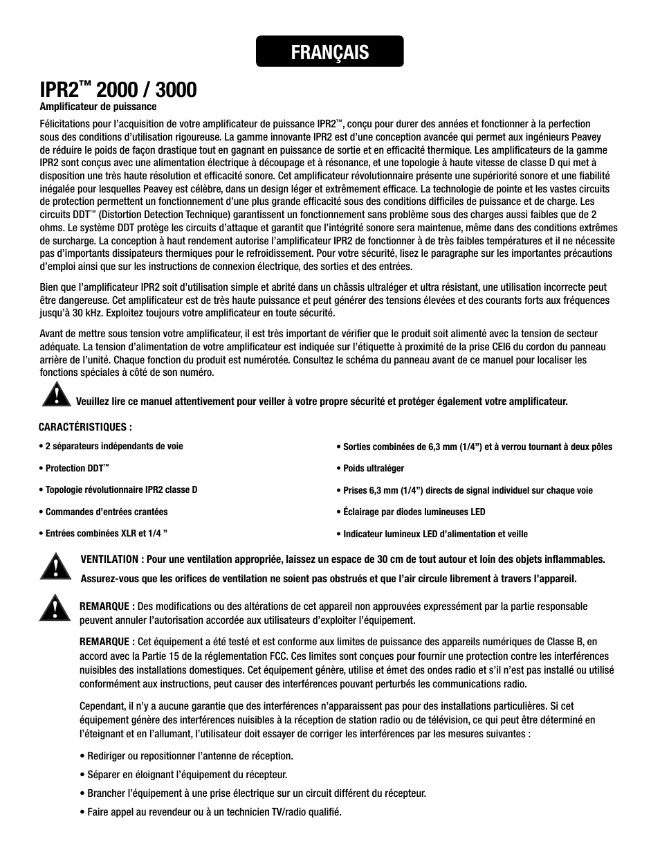 Ipr2, Français | Peavey IPR2 2000 2-Channel Power Amplifier User Manual | Page 45 / 116