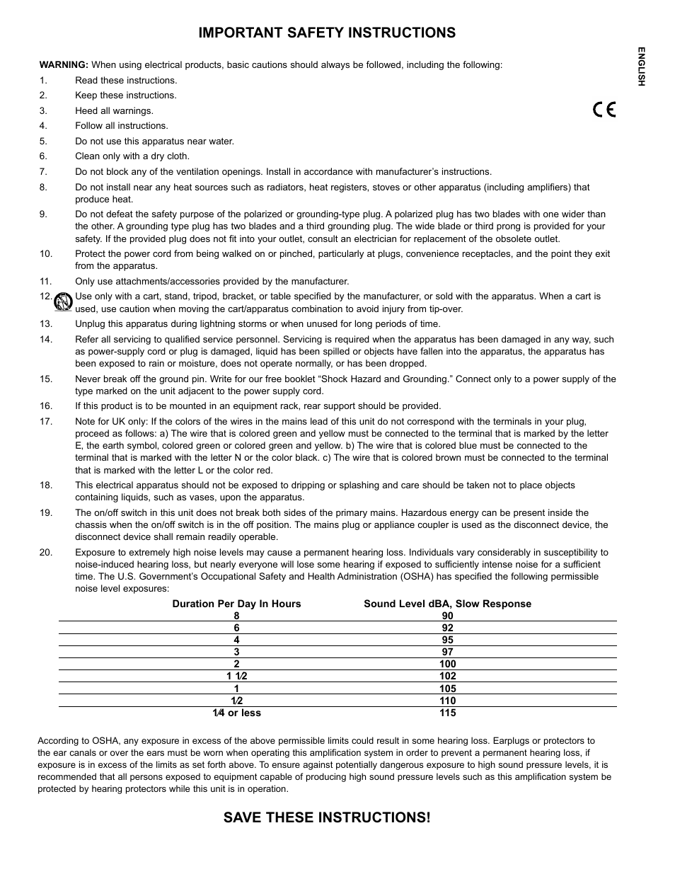 Important safety instructions, Save these instructions | Peavey IPR2 2000 2-Channel Power Amplifier User Manual | Page 5 / 116