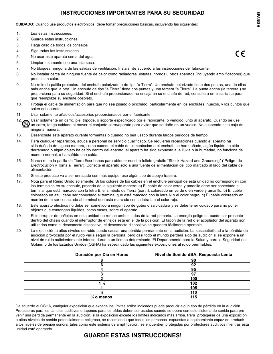 Guarde estas instrucciones, Instrucciones importantes para su seguridad | Peavey IPR2 2000 2-Channel Power Amplifier User Manual | Page 6 / 116