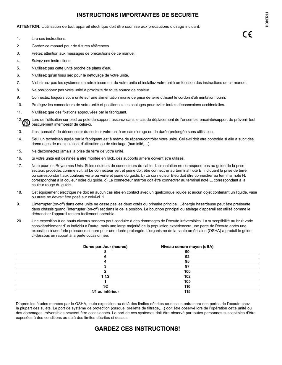 Gardez ces instructions, Instructions importantes de securite | Peavey IPR2 2000 2-Channel Power Amplifier User Manual | Page 7 / 116