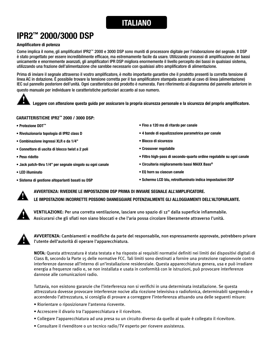Ipr2, Italiano | Peavey IPR2 2000 2-Channel Power Amplifier User Manual | Page 72 / 116
